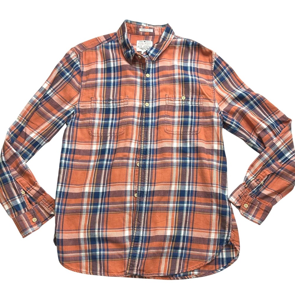 Lucky Brand Mens Large Orange Blue Plaid Flannel Shirt California Fit Indigo